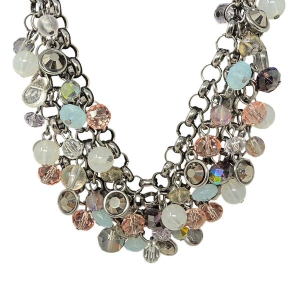 Chunky Glass Bead Statement Necklace Adjustable Shiny Silver Chain - Picture 1 of 6